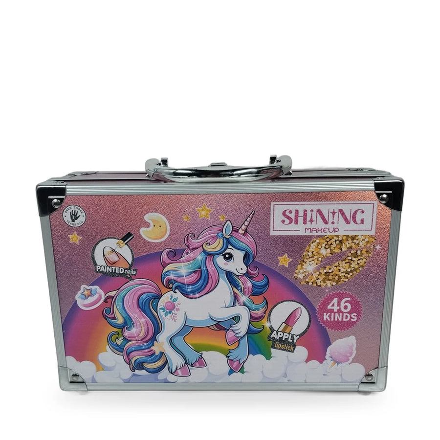 Pink glitter unicorn makeup case with a handle, open to show toy makeup pieces and brushes