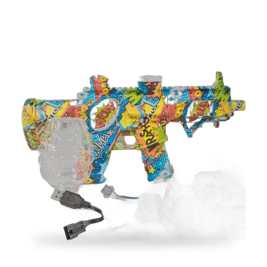 Comic-book patterned Shooting Elite water gun with a USB cable and accessories on white foam