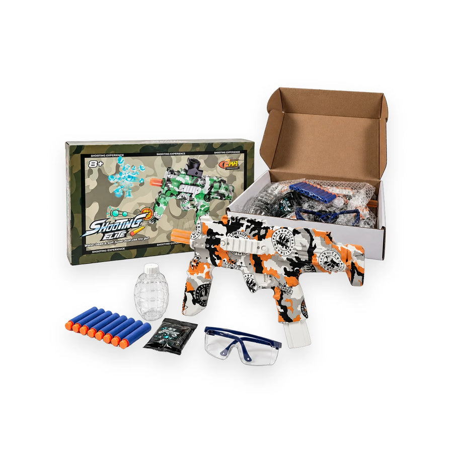 Shooting Elite 2-in-1 toy gun in orange, black and white camouflage with goggles, bottle and soft bullets