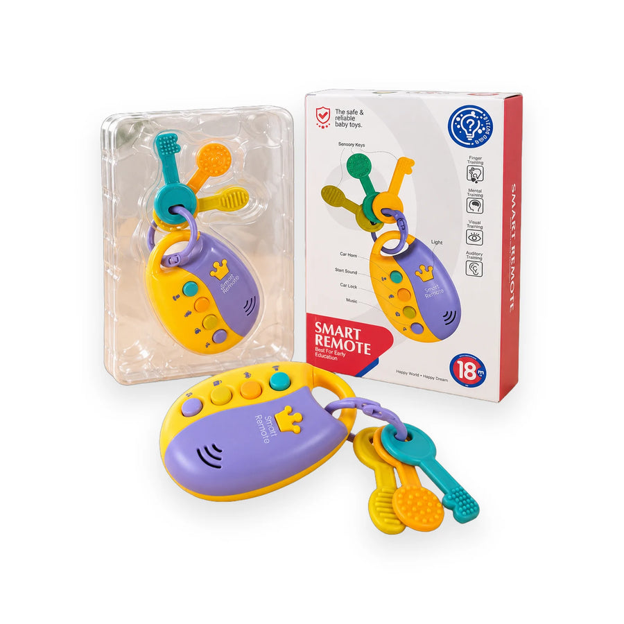Purple and yellow Smart Remote baby key fob with three textured keys beside its box