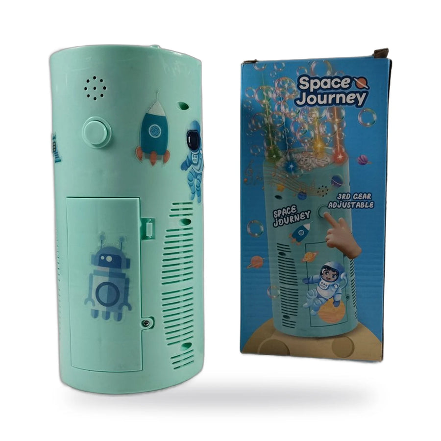 Light blue space-themed bubble machine with decals and adjustable speed