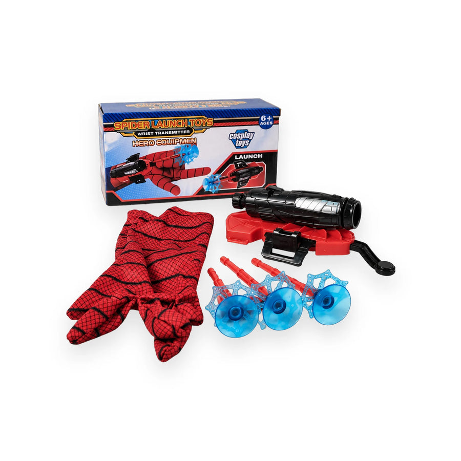 Spider hero wrist launcher set with red web-print sleeve, black launcher and suction-cup darts