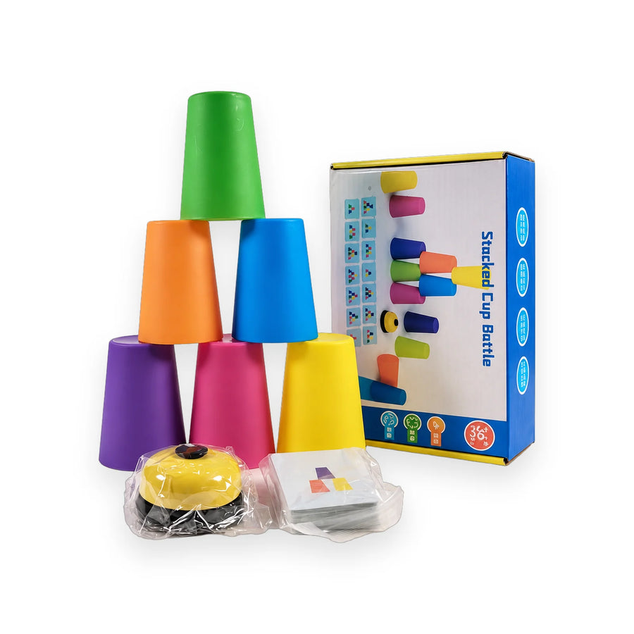 Prism Stacked Cup Battle game with coloured cups, a bell and pattern cards