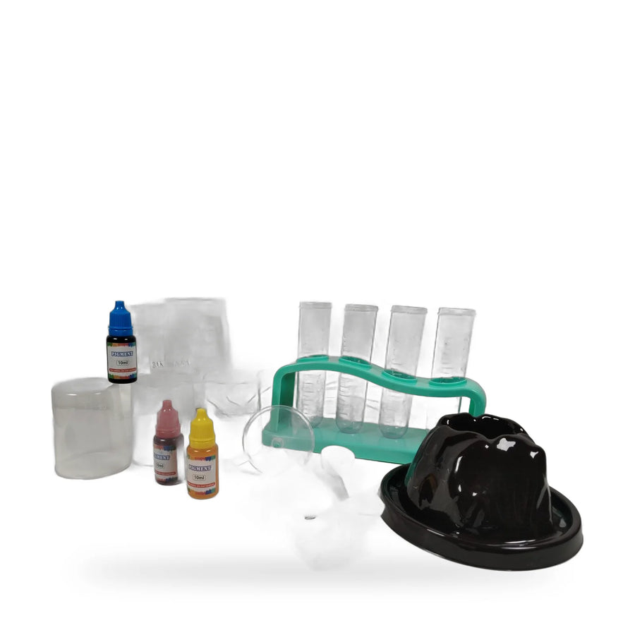 STEM chemistry experiment set with test tubes, coloured pigment bottles and a black volcano mould