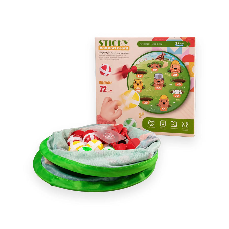 Green 72cm sticky ball dart board with cartoon animal targets, its box and a bag of sticky balls