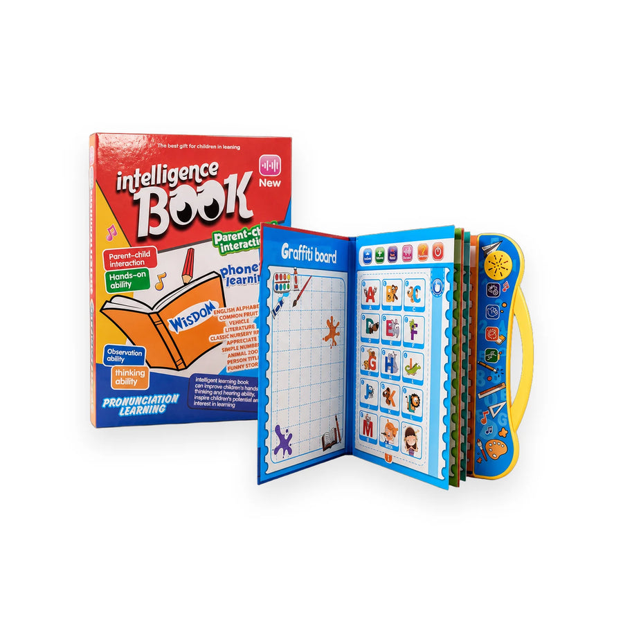 Fold-out plastic electronic learning book with sound buttons for letters, animals and numbers
