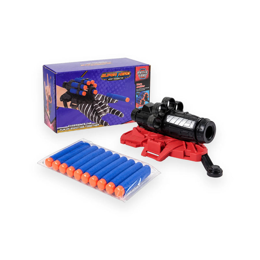 Super Hero Wrist Transmitter toy with orange foam bullets and its packaging