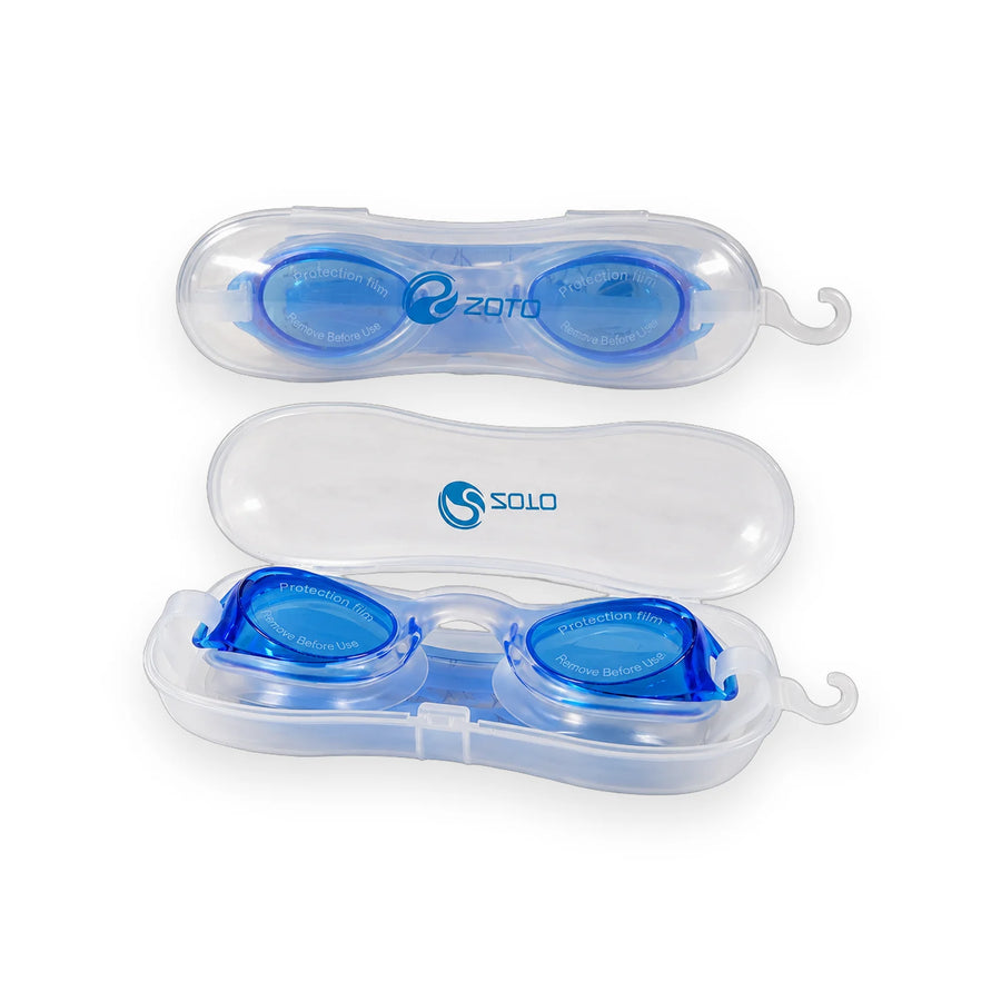 ZOTO swimming goggles with blue lenses and protective film in a clear plastic case