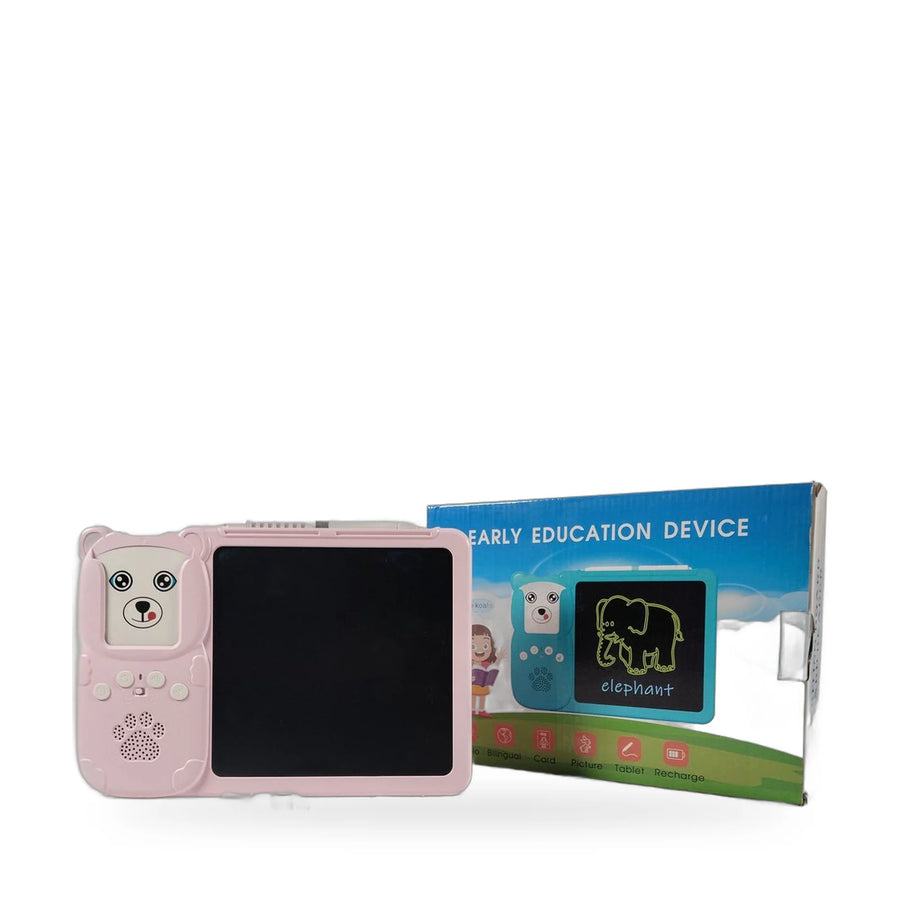 Pink bear-shaped early education drawing tablet with black screen and buttons on a white surface