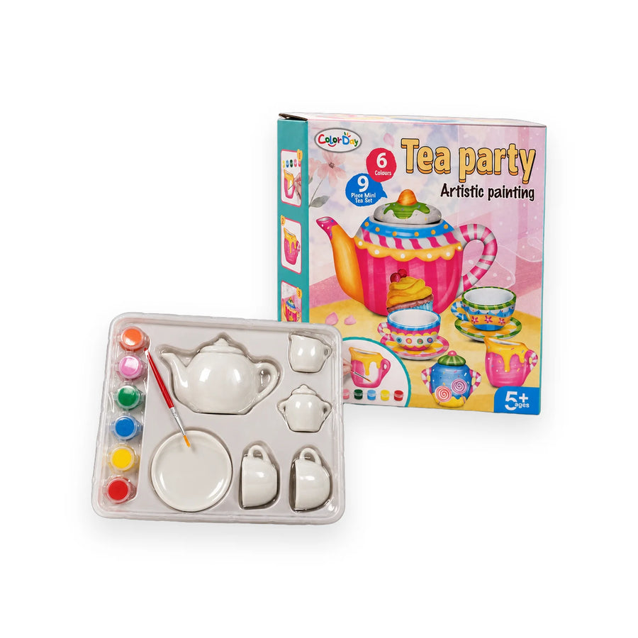 ColorDay Tea Party painting set box with a 9-piece mini tea set and six pots of paint