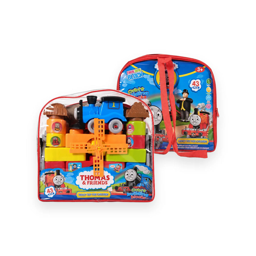 Thomas & Friends building blocks set with a blue Thomas engine in its clear backpack bag