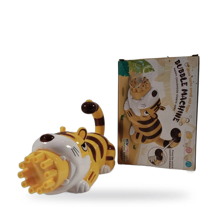 Tiger bubble machine with a 10-hole bubble blower and bubble solution bottle