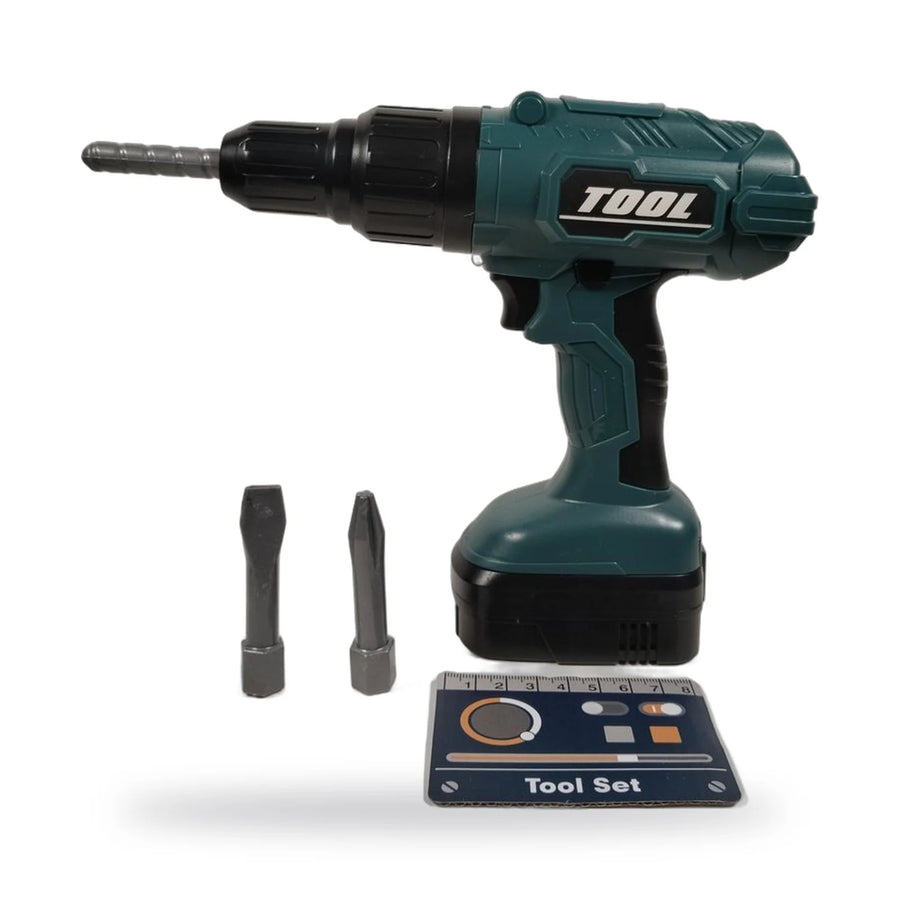 Plastic toy drill set with drill bits and accessories in its packaging