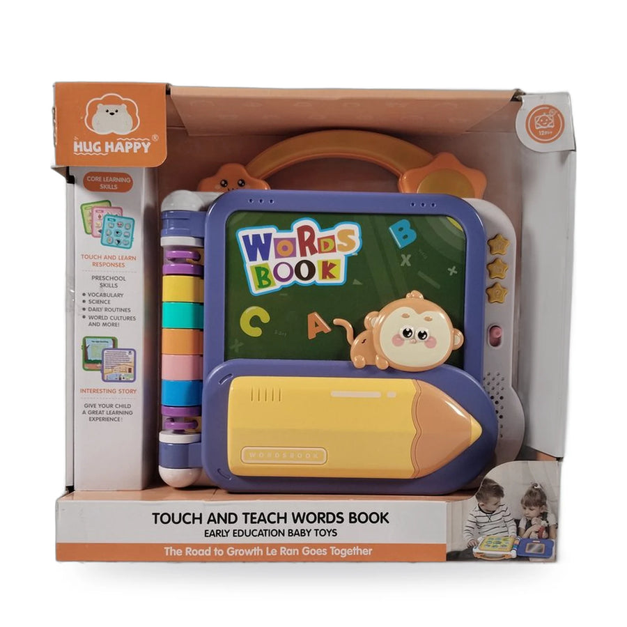 Hug Happy Touch and Teach Words Book with colourful buttons and a carry handle