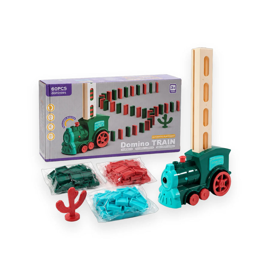 Domino train toy with 60 red, green and blue dominoes