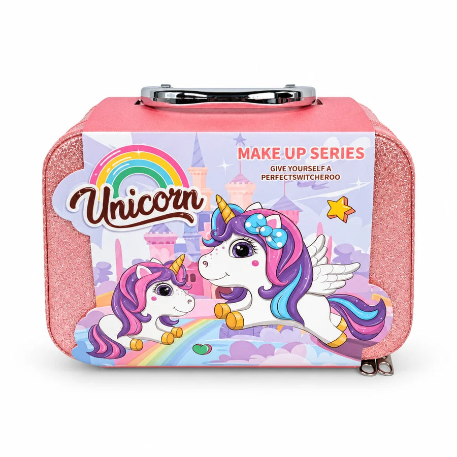 Pink glittery unicorn makeup case open to show a 16-piece toy makeup set in a white foam insert