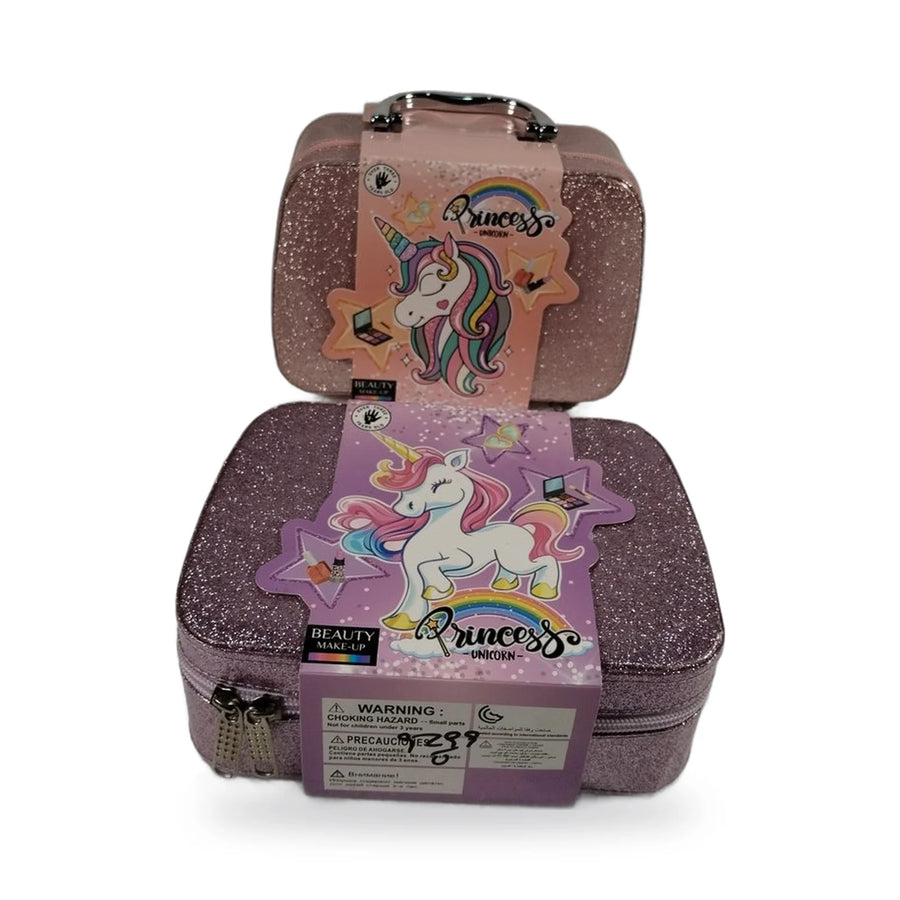 Pink and purple glitter Princess Unicorn makeup cases, open to show toy makeup and brushes