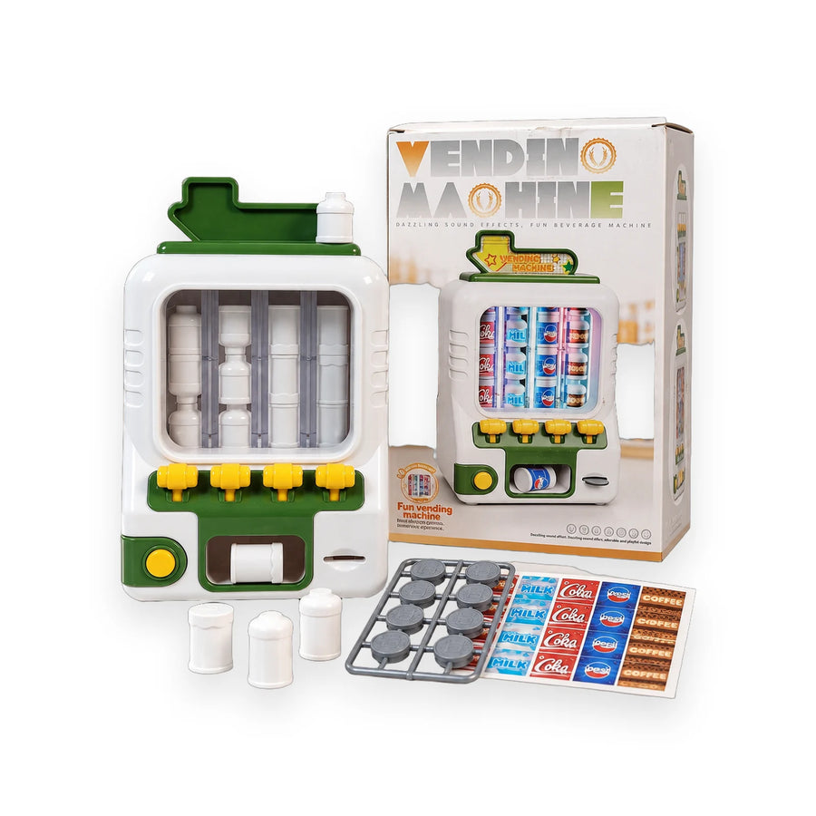 Green and white toy vending machine with yellow buttons, toy drink cans and cups