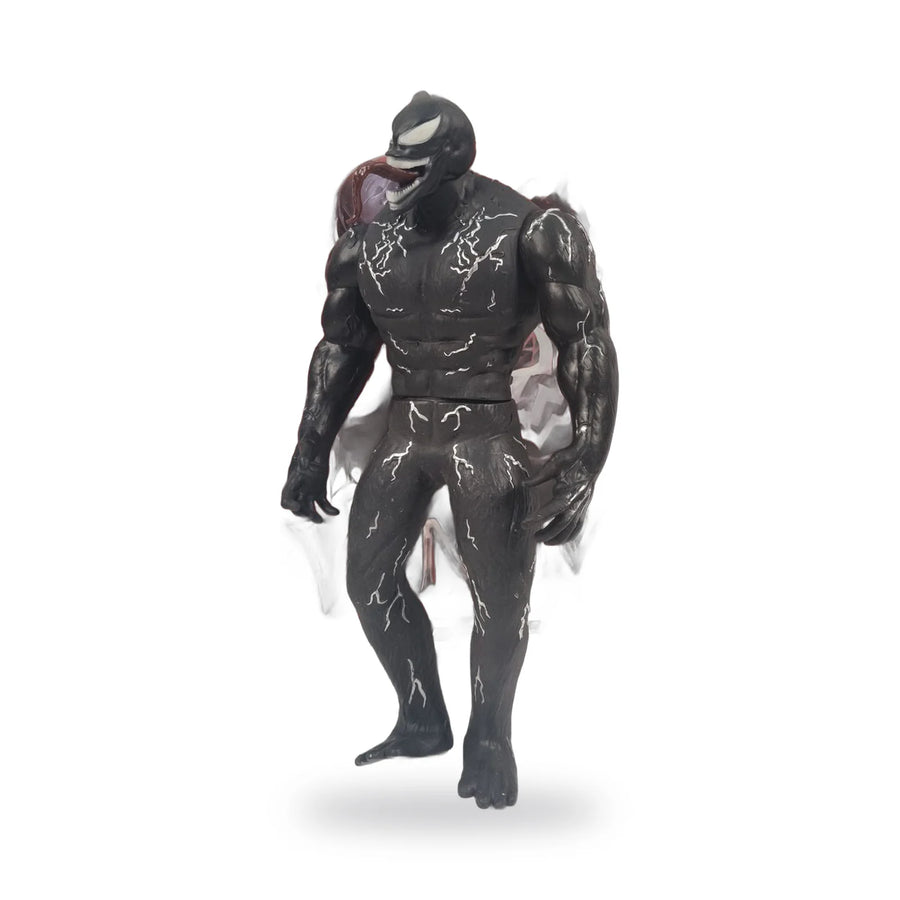 Black Venom action figure standing in front of its box