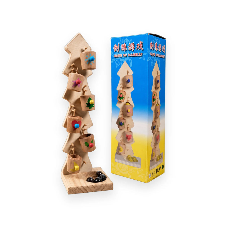 Wooden marble balance tower game with hanging cups and marbles on a white surface