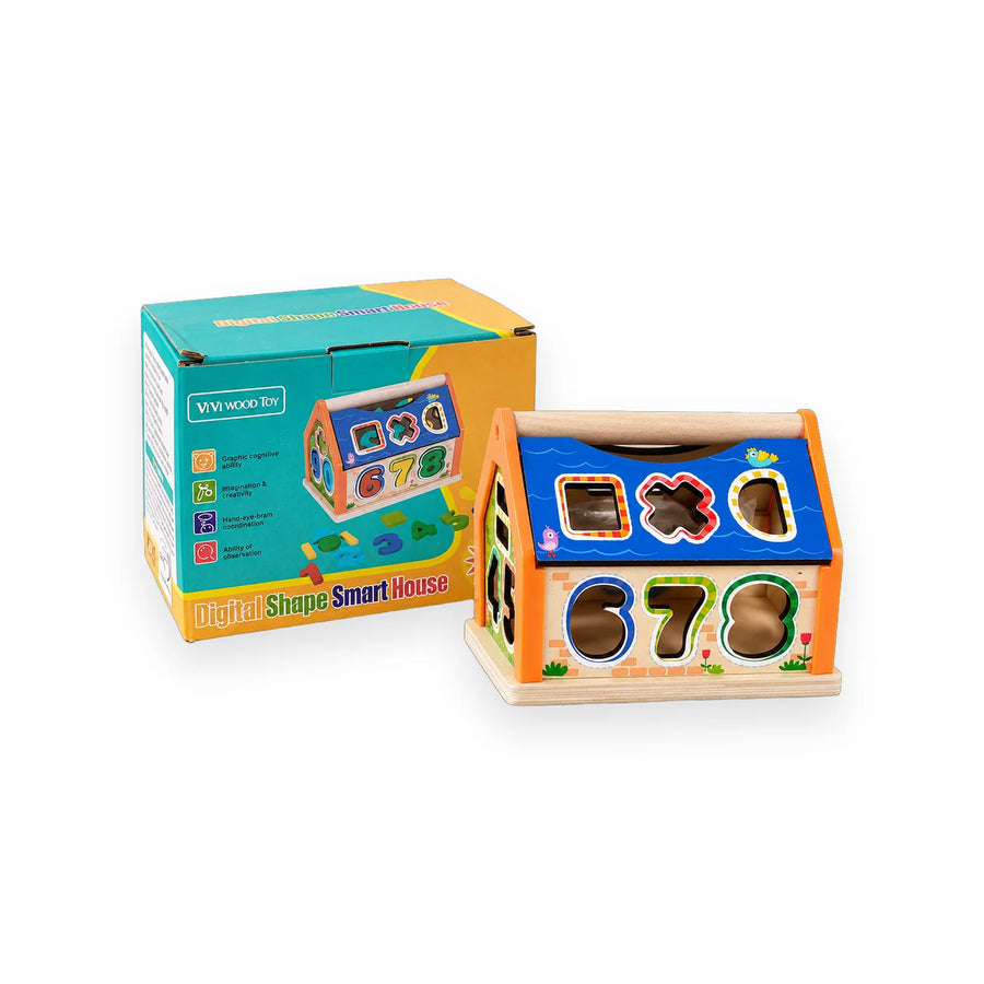 Wooden shape sorter house with colourful shape and number blocks for toddlers