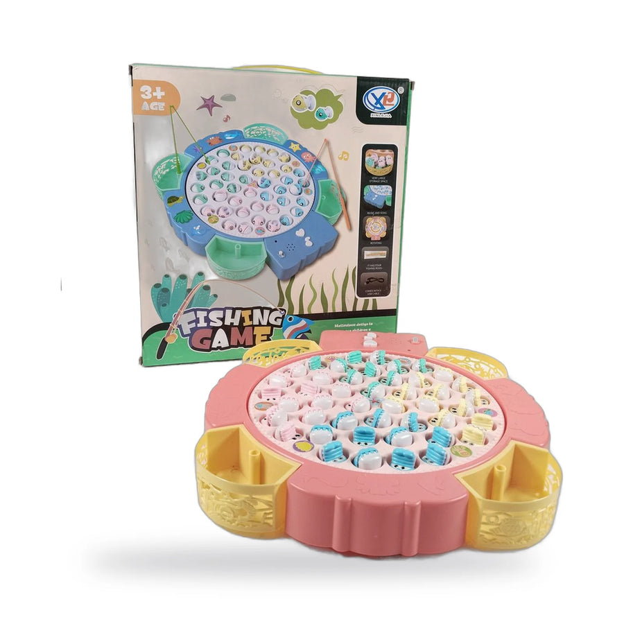 Electric fishing game with a round board of colourful fish and a fishing rod