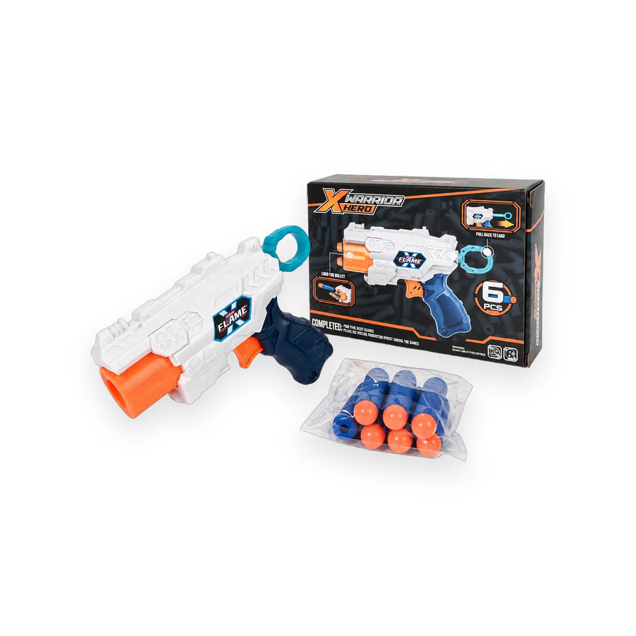 X Warrior Hero toy blaster with six blue and orange dart bullets on a white surface